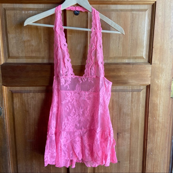 Victoria's Secret Other - Victoria’s Secret neon pink floral lace halter neck chemise mini dress medium